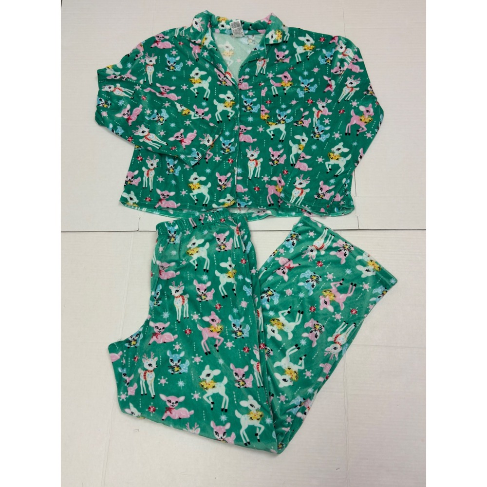 Holiday Time Pajama Set Womens M 8-10 Green Retro Reindeer Plush 2pc